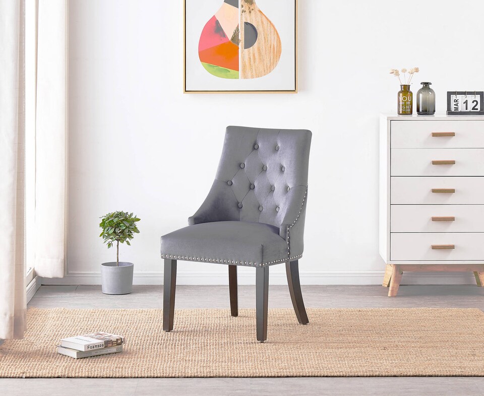 image 1 of Windsor Single Velvet Dining Chair Ergonomic Scoop Knockerback & Button Tufted Wood Legs | Grey | Dark Grey