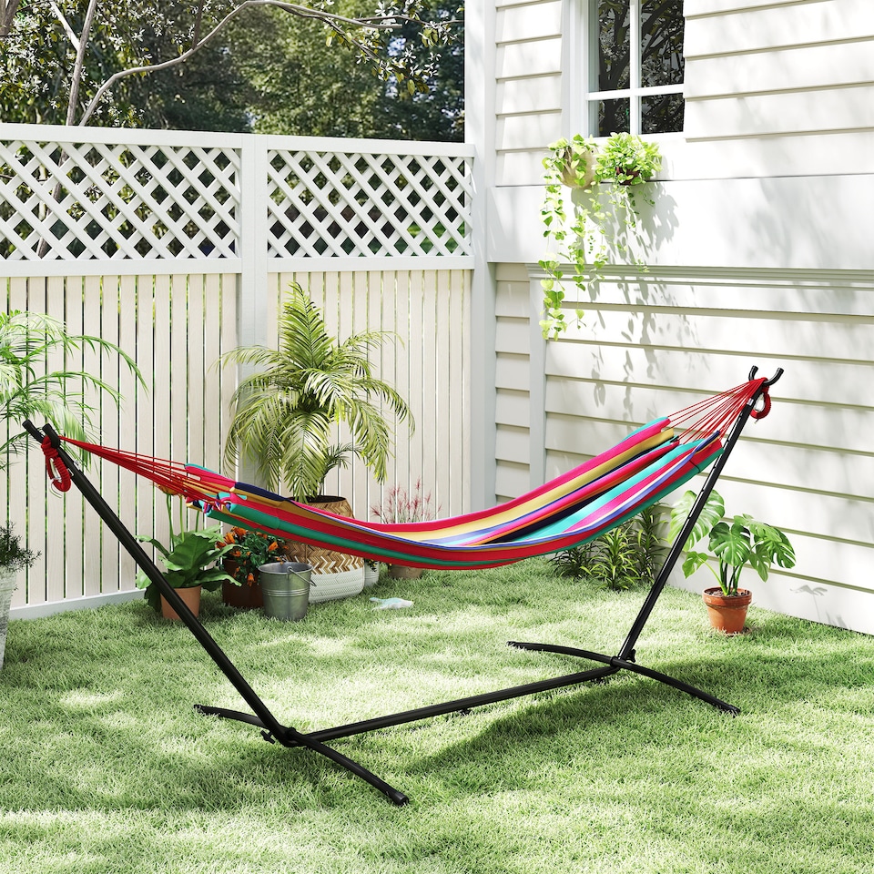 image 1 of Outsunny 298 x 117cm Hammock with Metal Stand Carrying Bag 120kg Multicolour | Multi | Multicolour stripe | L