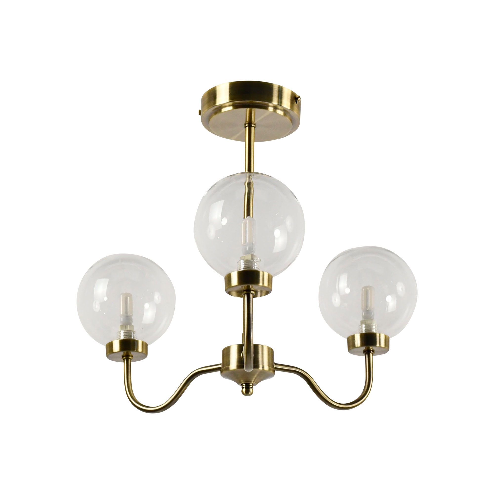 First Choice Lighting Totley Antique Brass 3 Arm Ceiling Light with Clear Glass Shades in Bronze