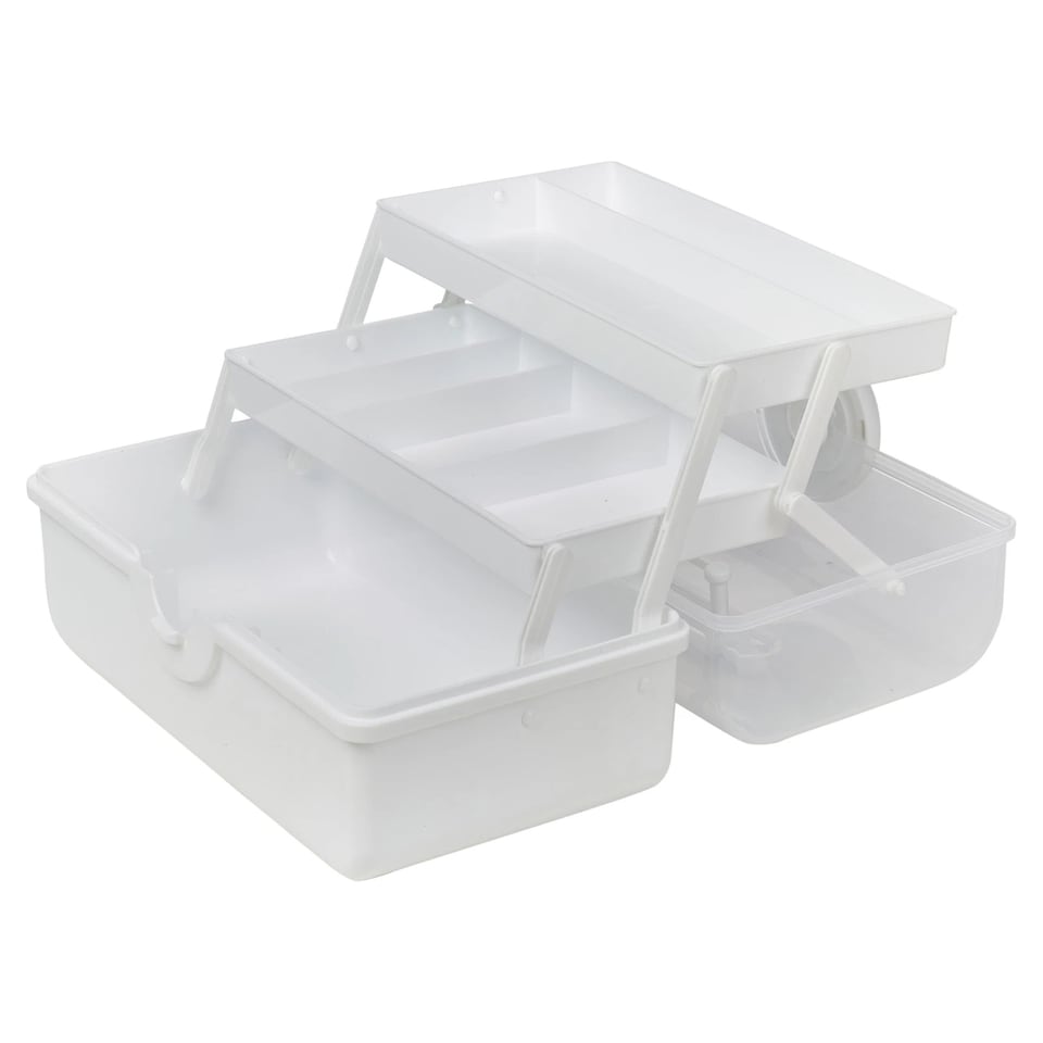 image 1 of Plastic Cantilever Sewing Craft Box 3 Tier Tray Organiser Storage Compartments | Multi | White