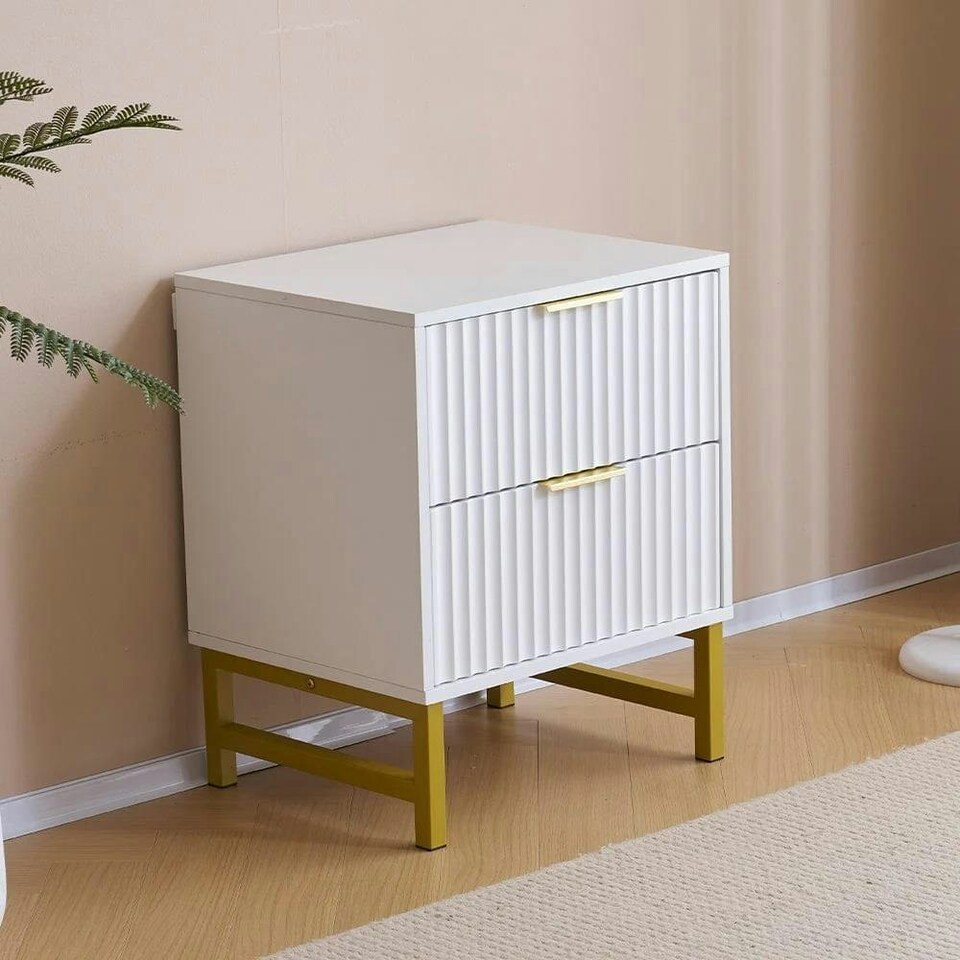image 1 of Modern White Bedside Table with 2 Drawers and Gold Metal Legs Elegant Storage Solution for Bedroom White