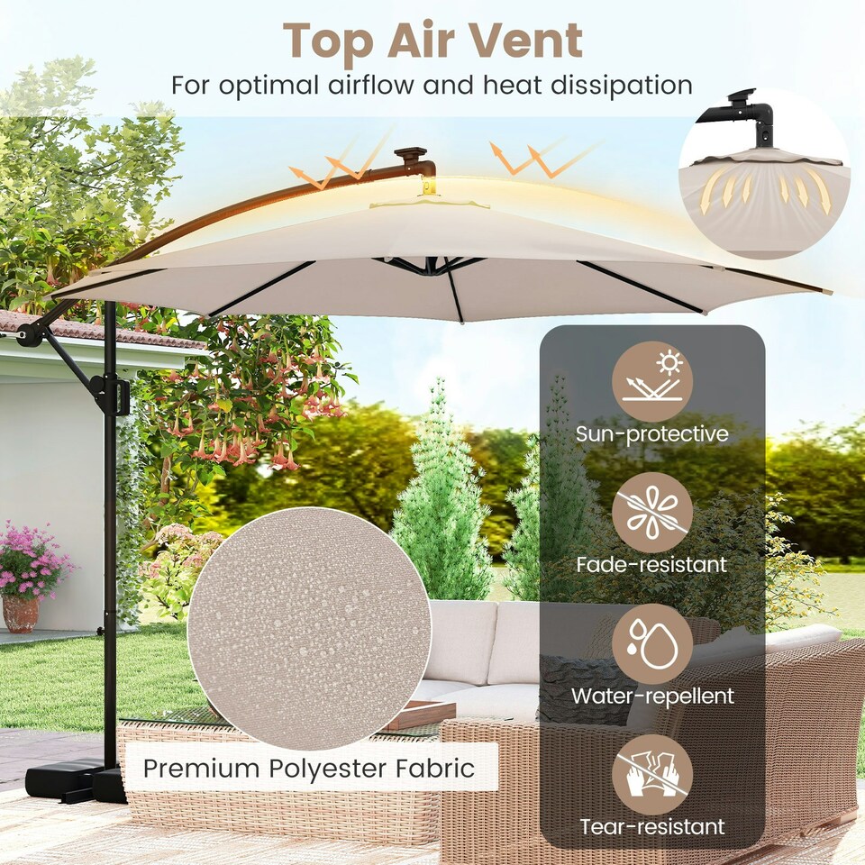 image 1 of COSTWAY 290 cm Solar Offset Hanging Sunshade Parasol Beige Cream