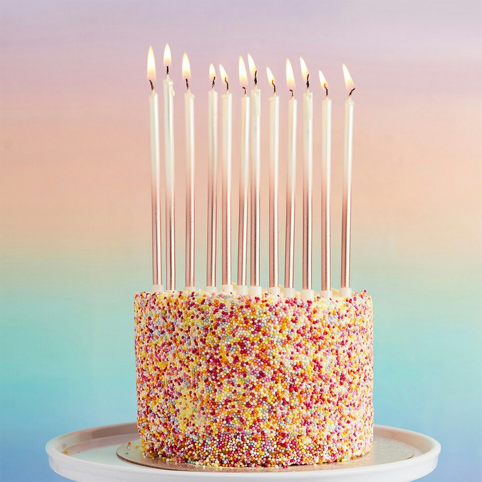 image 1 of Rose Gold Ombre Tall Skinny Celebration Candles - Pack of 12