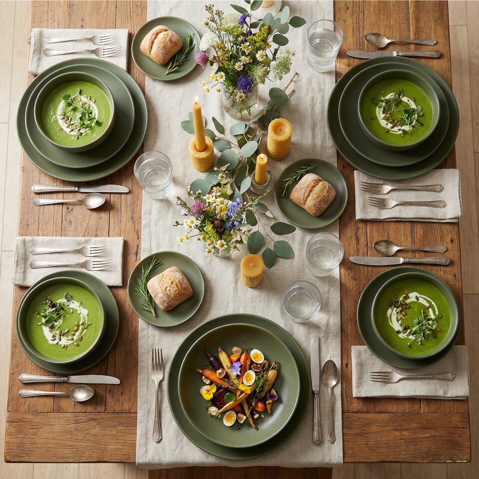 image 1 of Coloured Stone Ceramic Dinnerware Crockery Plates Bowls Dining Set | Green | 32 Pcs Green | 32