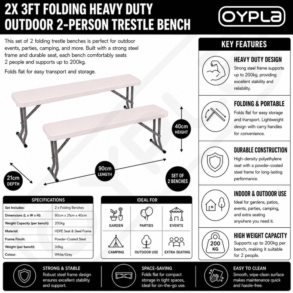 image 1 of 2x 3ft Folding Heavy Duty Outdoor 2 Person Trestle Bench Chair | White