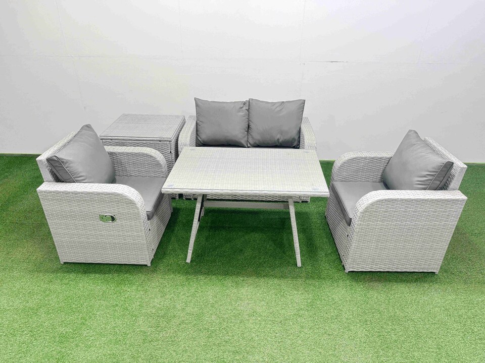 image 1 of Fimous Light Grey PE Wicker Rattan Garden Furniture Set Sofa Set Reclining Chair Love Sofa Rectangular Dining Table Side Table