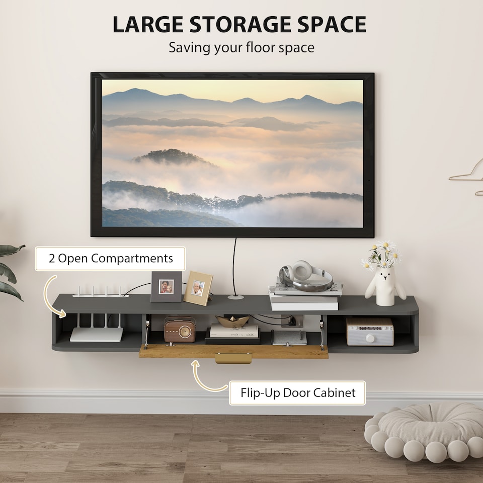 image 1 of HOMCOM 140 cm Floating TV Unit with Storage Entertainment Media Console Grey