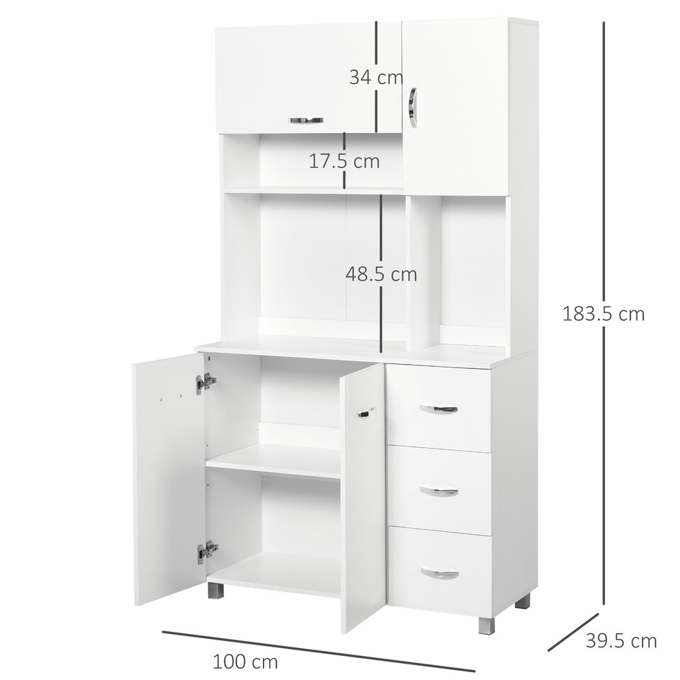 image 1 of HOMCOM Kitchen Cupboard, 183cm Tall Storage Cabinet with Countertop, Sideboard with 3 Small Drawers, Flip Up Top Door, 3 Cabinet Doors and Open Shelves, 100W x 39.5D x 183.5H cm, White