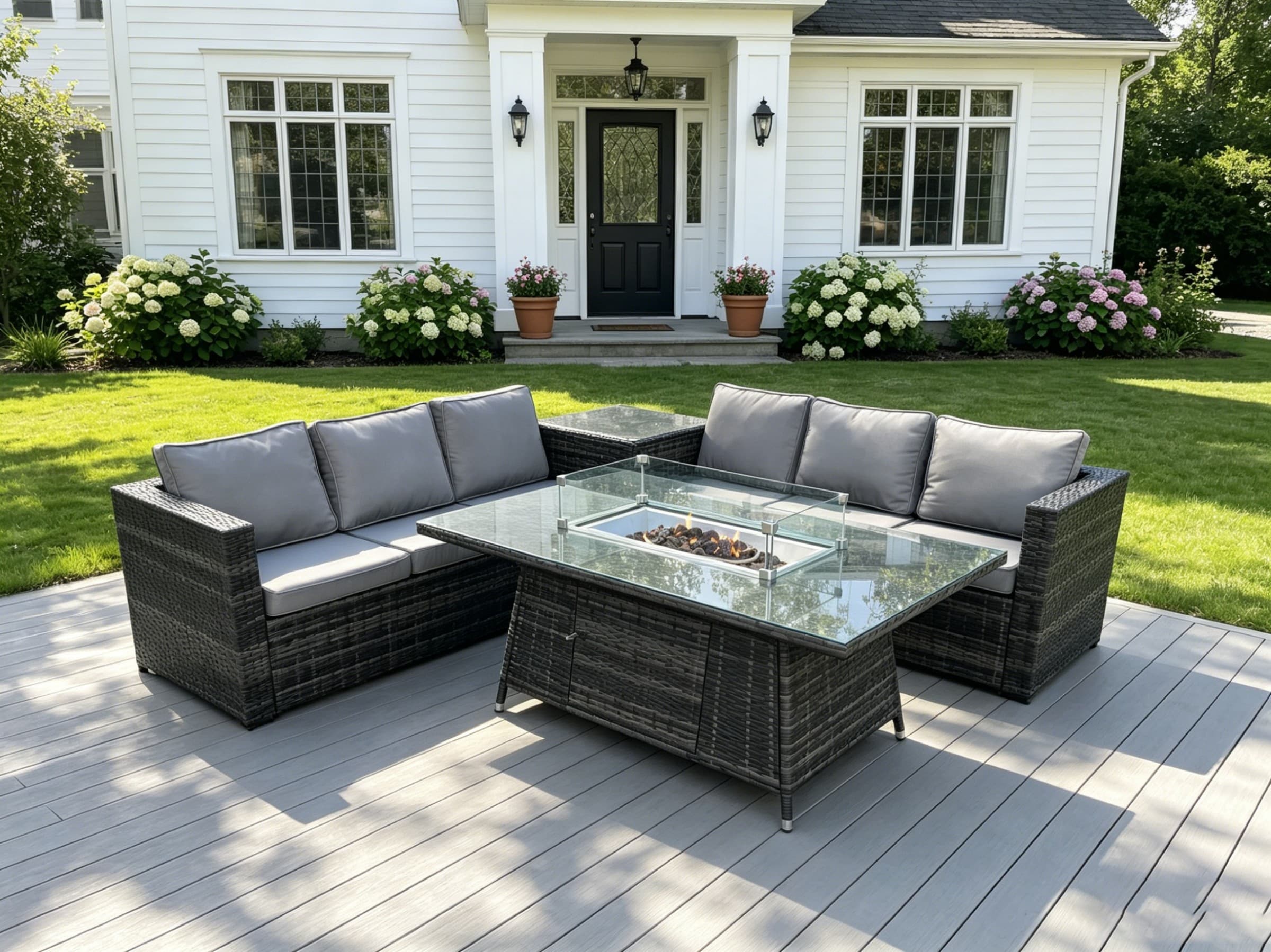 Fimous Outdoor Rattan Garden Corner Furniture Gas Fire Pit Table Dining Sets Gas Heater Burner Lounge Dark Grey 6 Seater