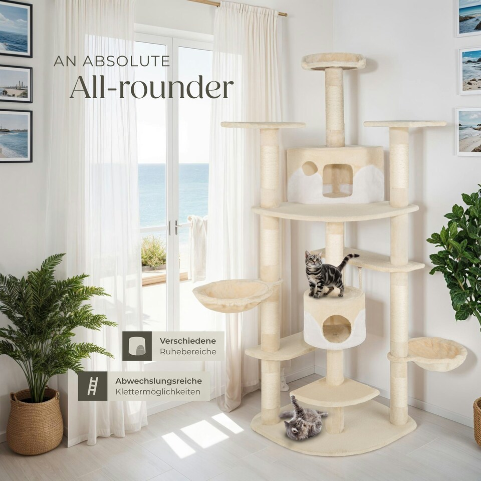 image 1 of Cat Tree Fippi - 201 cm tall, sisal cat scratching post, toy & anti-tip bracket - Beige/White