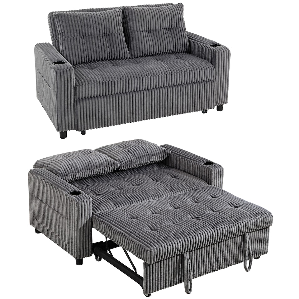 image 1 of HOMCOM 2 Seater Sofa Bed, Corduroy Click Clack Sleeper Sofa with Pull Out Design, 2 Pillows, Cup Holders, Side Pockets, Convertible Loveseat Bed Settee for Living Room, 157x190cm, Charcoal Grey