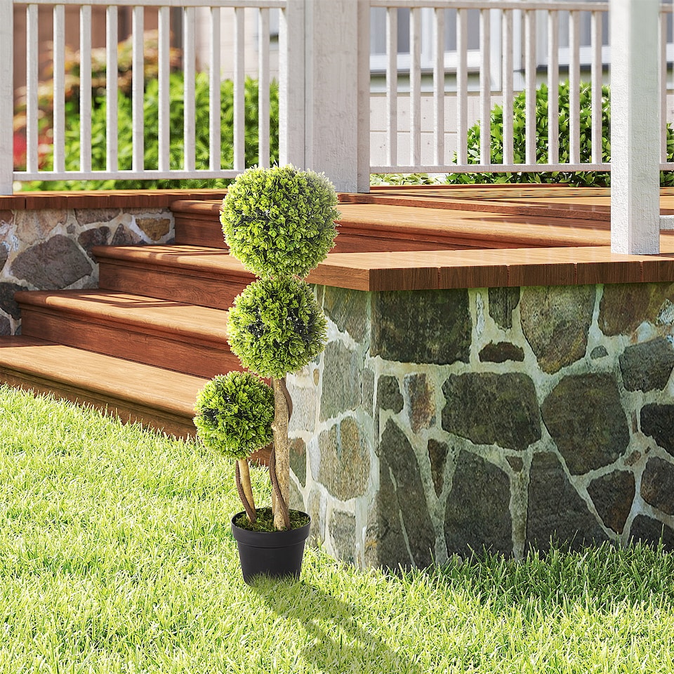 image 1 of HOMCOM Decorative Artificial Trees Boxwood Ball Topiary Trees in Pot, Fake Plants for Home Indoor Outdoor Decor, 90 cm, Light Green