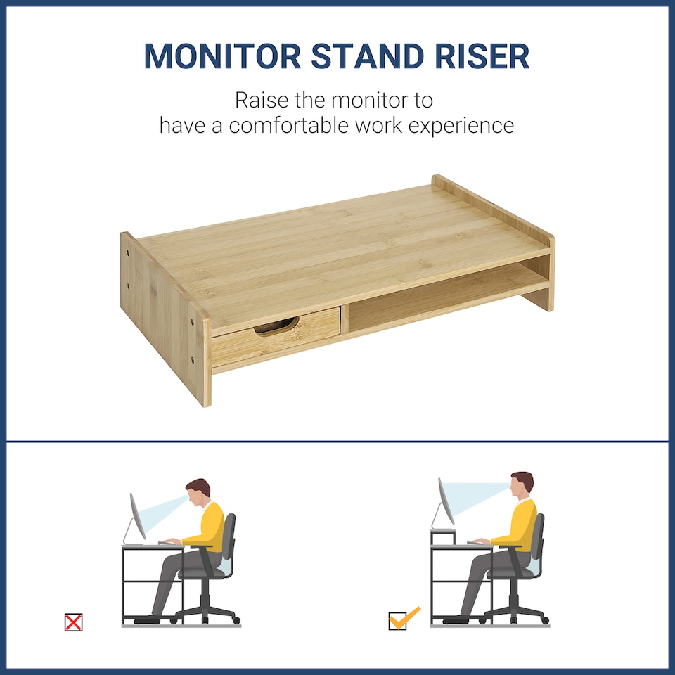 image 1 of HOMCOM Monitor Riser Laptop PC Plinth Stand Desktop Organiser W/ Drawer Bamboo