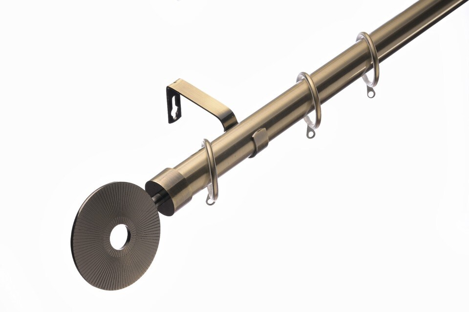 image 1 of Lister Cartwright 28mm Antique Brass Extendable Metal Curtain Pole Set Rings with Horologue Finial (120 - 120 cm)
