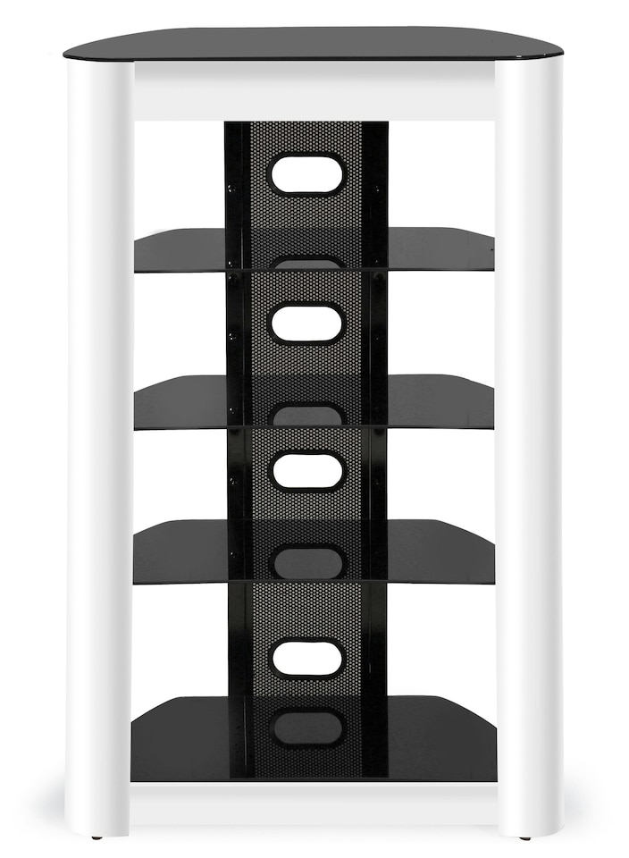 image 1 of Centurion Supports ZINNIA 5-Tier Black Glass Shelves with Gloss White Fascia Entertainment Media Audio Rack | White | Black | 1