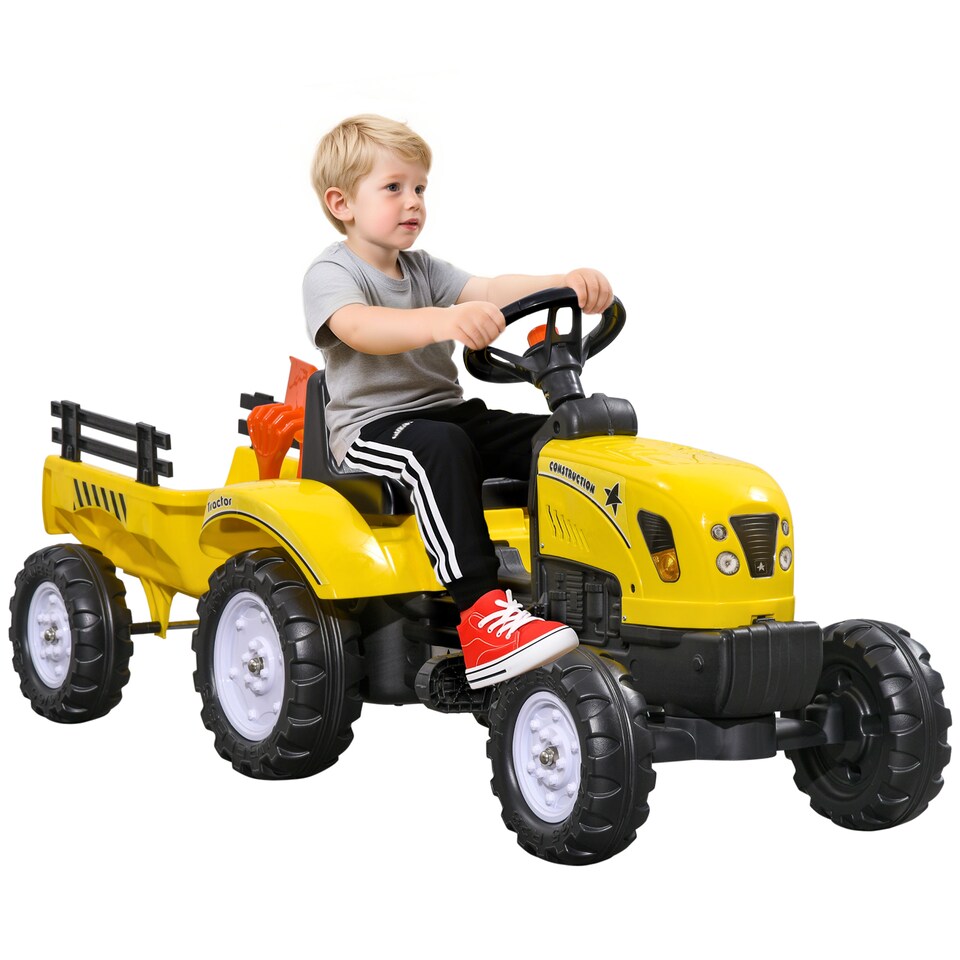 image 1 of HOMCOM Kids Ride on Tractor with Back Trailer, Shovel & Rake, Horn, Four Wheels Tractor Toy for Child Toddler