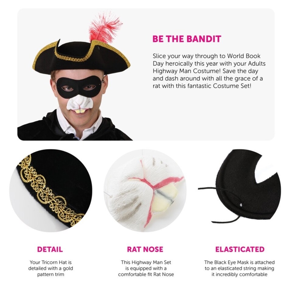 image 1 of Highway Man Costume - Gold Trim Feather Tricorn Hat, Nose & Mask Black | One Size
