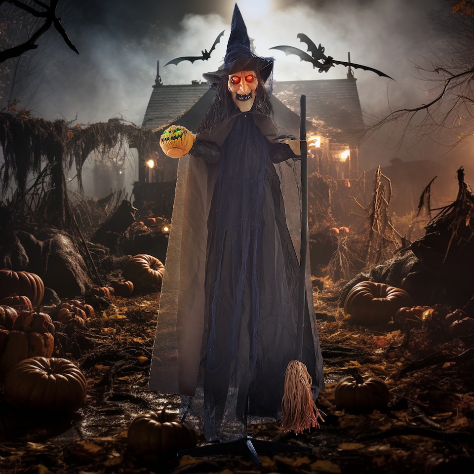 image 1 of HOMCOM 190cm 75 Witch with Broomstick Outdoor Halloween Decoration, Halloween Animatronic with Sound Activated, Light Up Eyes, Sound Effects, Animated Prop for Haunted House