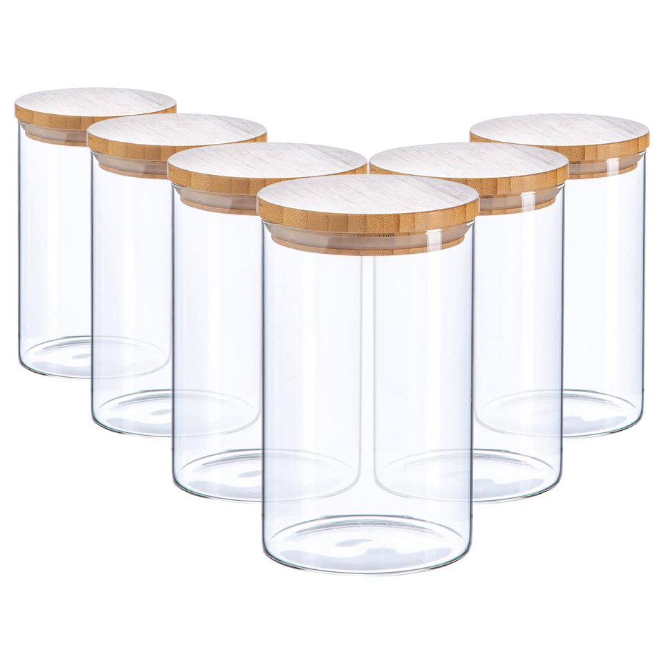 image 1 of Argon Tableware Scandi Glass Storage Jars with Wooden Lids - 1 Litre - Pack of 6