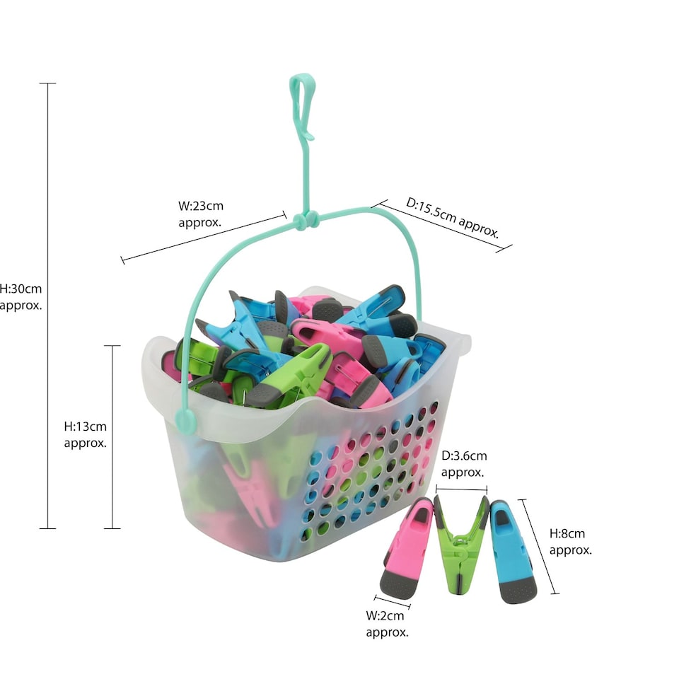 image 1 of JVL Plastic Peg Basket with 96 Prism Soft Touch Clip Pegs, Multicolor