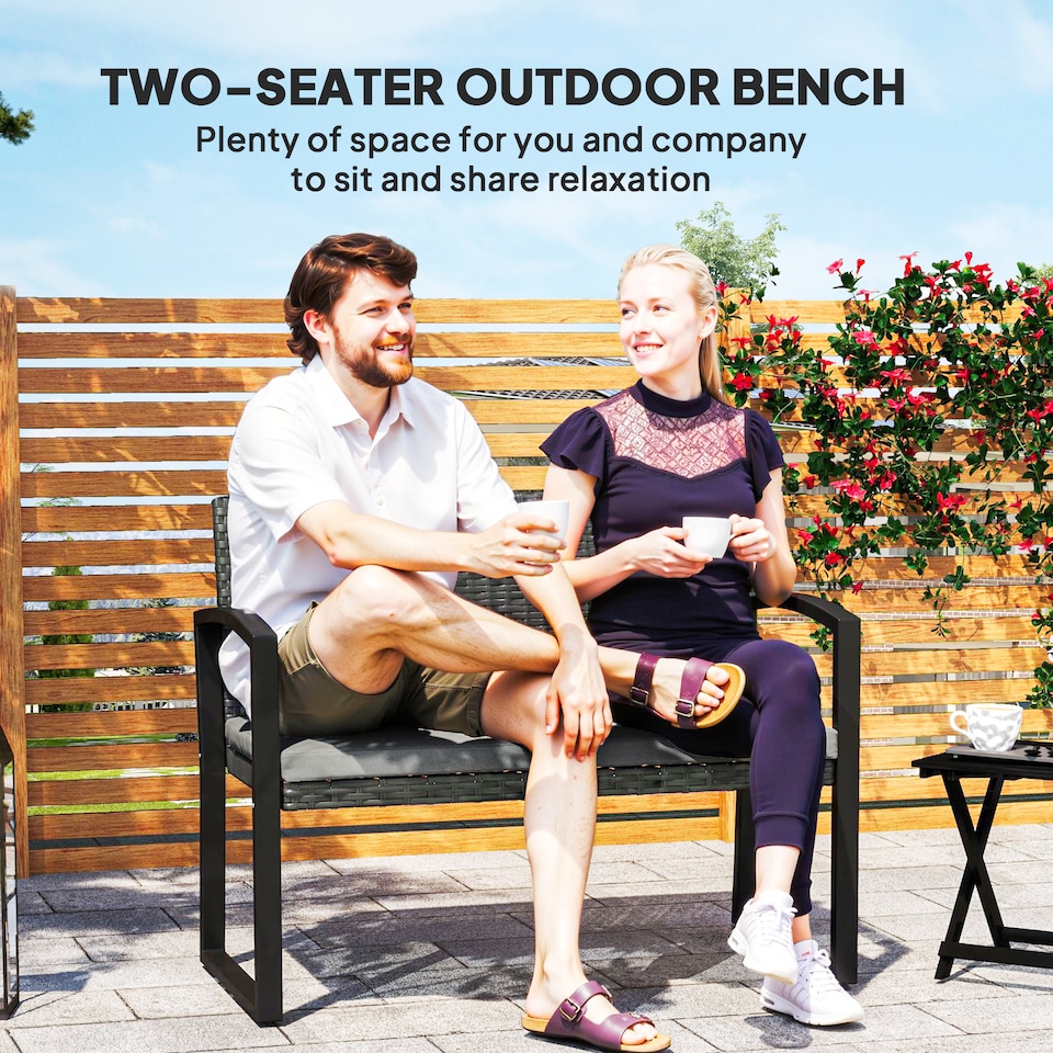 image 1 of Outsunny 2 Seater Rattan Garden Bench with Cushion, Steel Frame, Light Grey