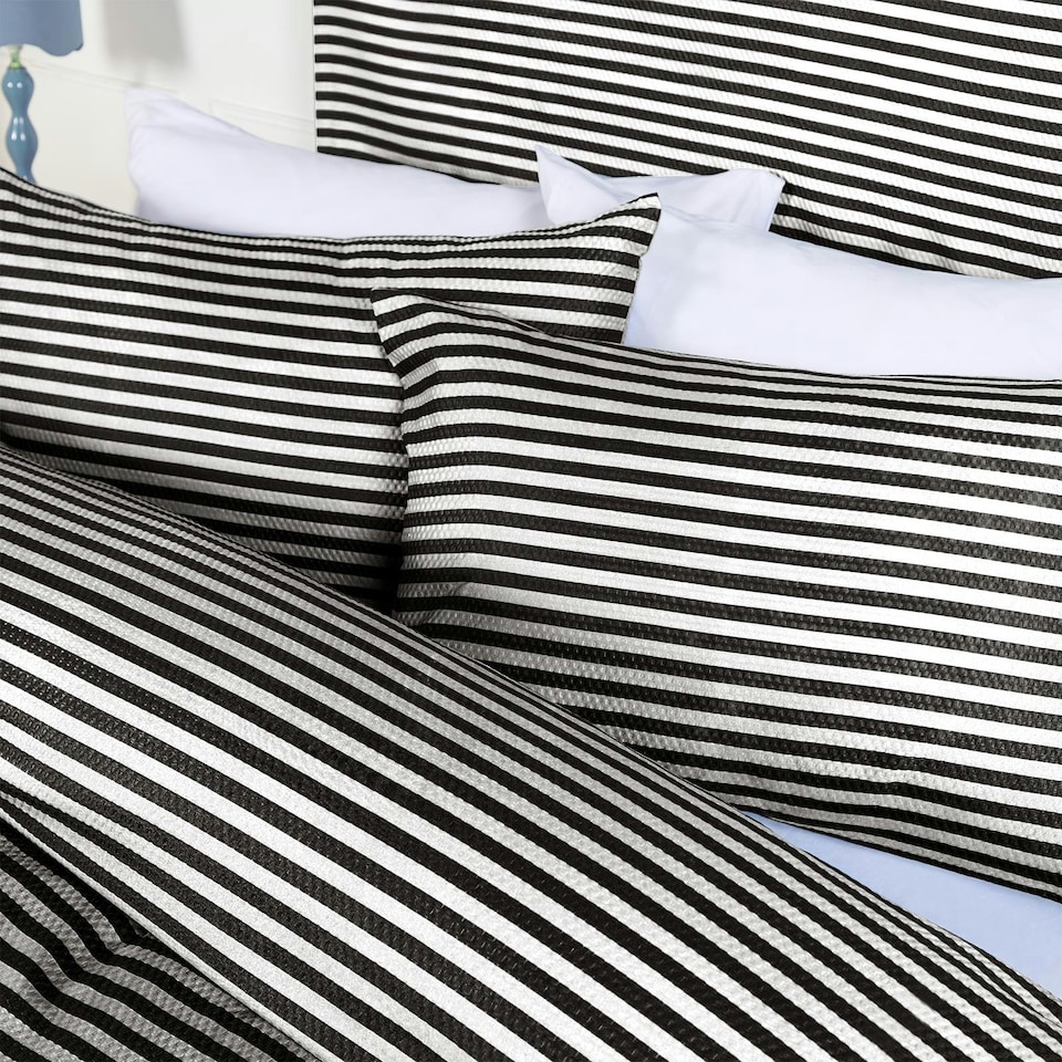 image 1 of OHS Stripe Embossed Soft Cosy Plush Plump Duvet Cover and Pillowcase Bedding Set Black | Black/Off White | King