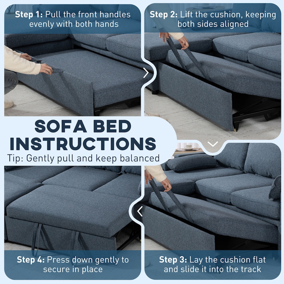 image 1 of HOMCOM Corner Sofa Bed, L Shaped Sofa with Storage Chaise, USB Ports | Blue | Blue | 205W x 136.5D x 85H cm
