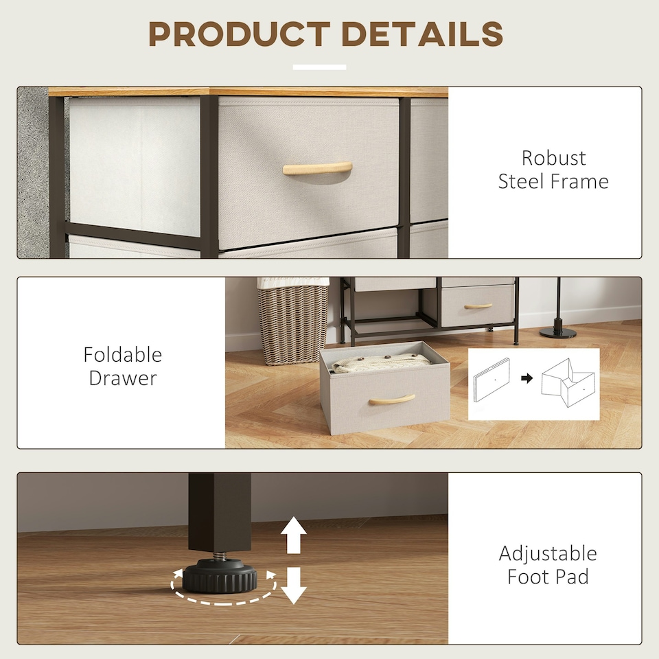 image 1 of HOMCOM 6 Drawer Fabric Chest of Drawers w/ Wooden Top for Hallway Cream Cream