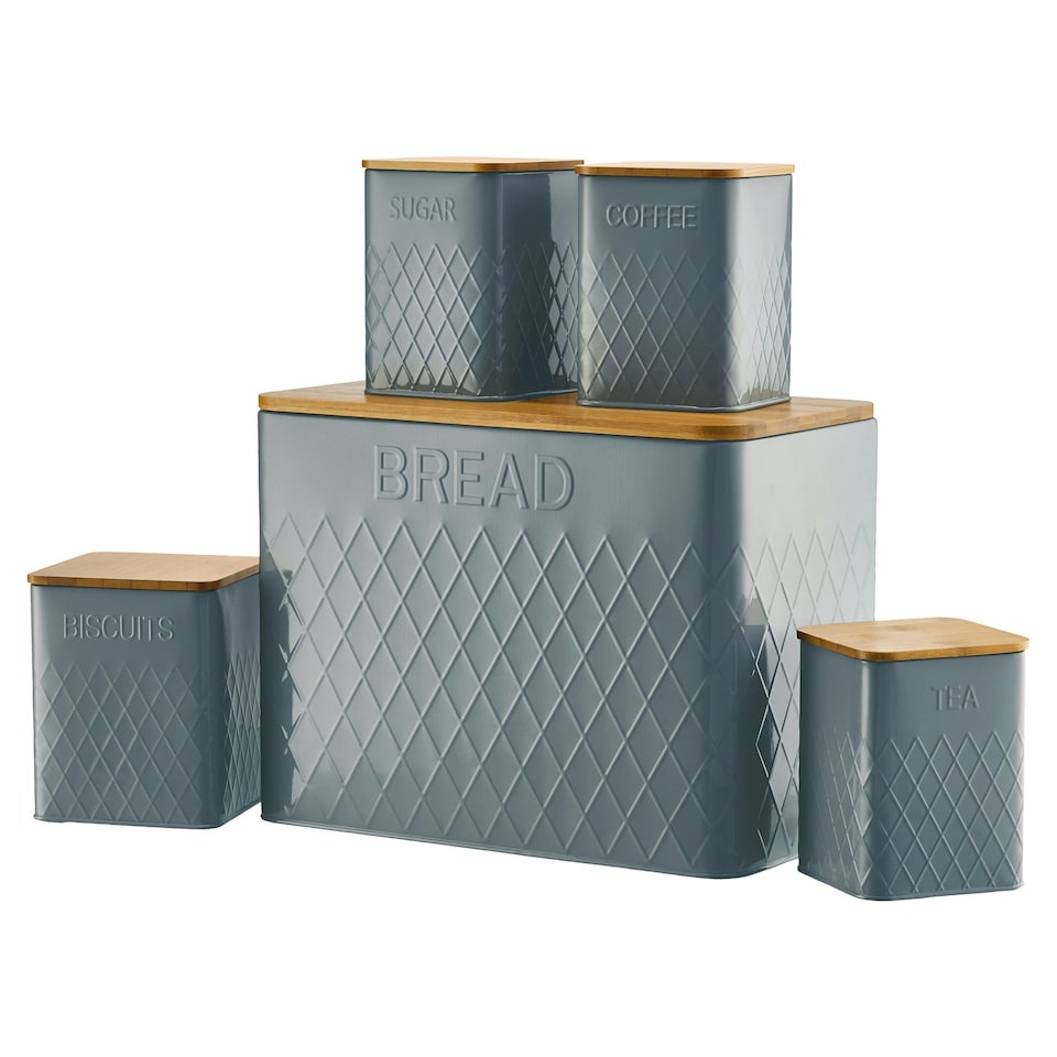 image 1 of Cooks Professional 5-Piece Square Kitchen Storage Set with Bamboo Lids | Bread Biscuit Tea Coffee Sugar Cannisters | Dark Grey