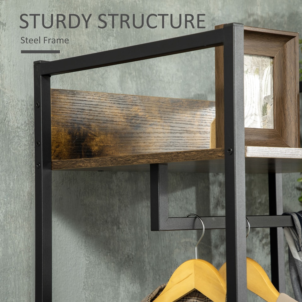 image 1 of HOMCOM Clothes Rail, Metal Coat Stand, Garment Rack with 2 Fabric Storage Drawers, Single Wardrobe for Bedroom, Hallway, Rustic Brown and Grey