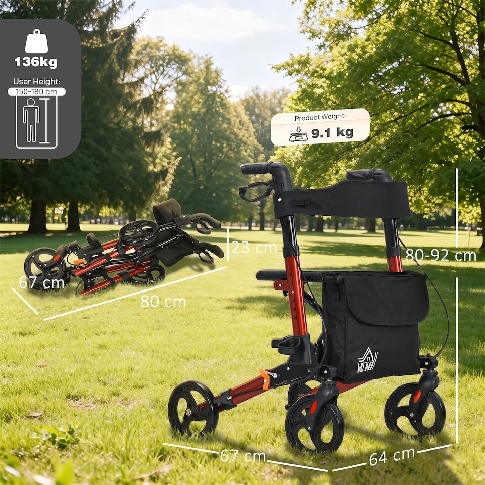 image 1 of HOMCOM 4 Wheel Rollator Walker, Mobility Walker with Bag, Seat, Red