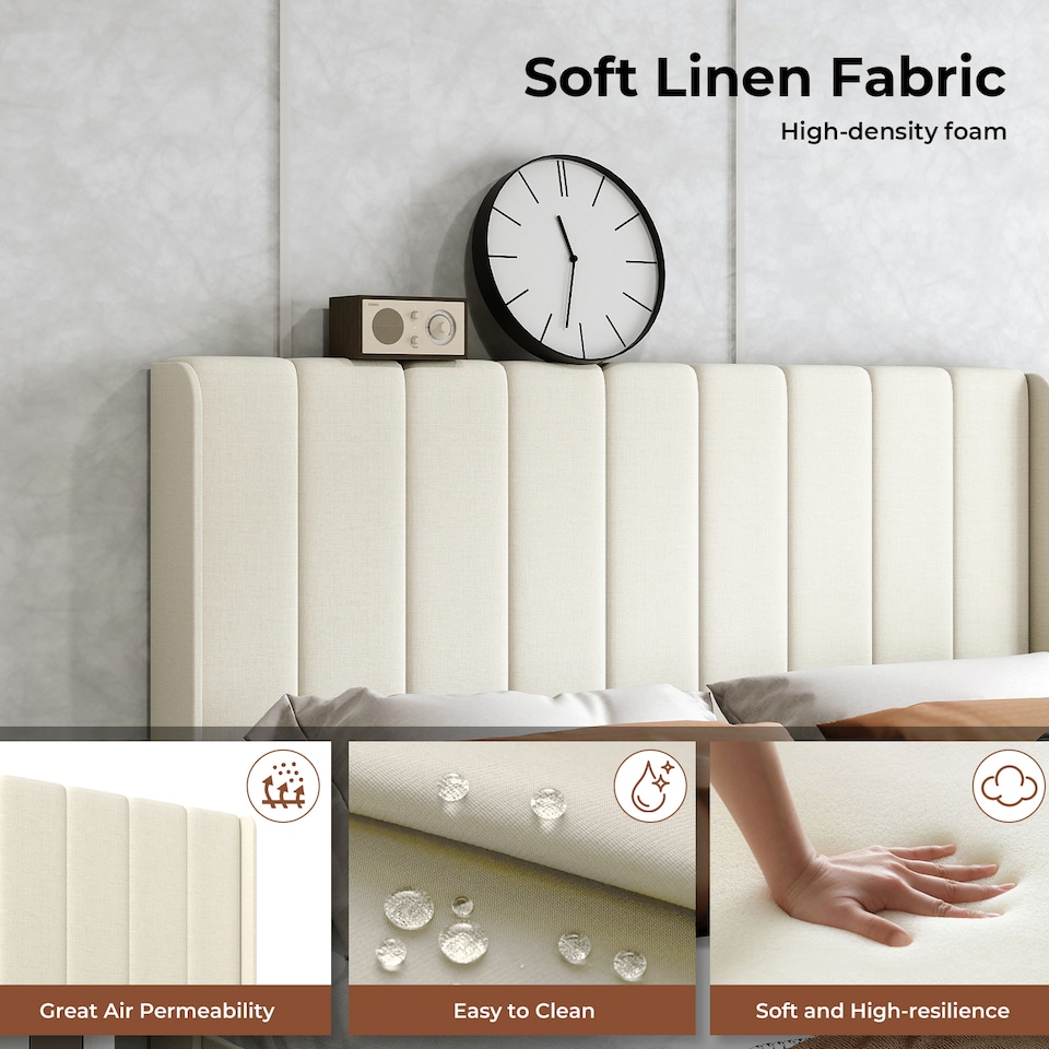 image 1 of Levede Double Bed Frame Metal and Wood Plush Upholstered Mattress Base