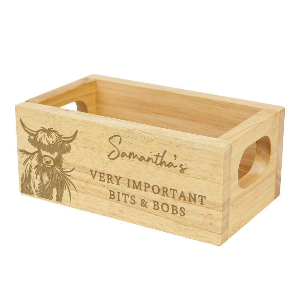 image 1 of Personalised Highland Mini Wooden Storage Crate Brown | ONE SIZE