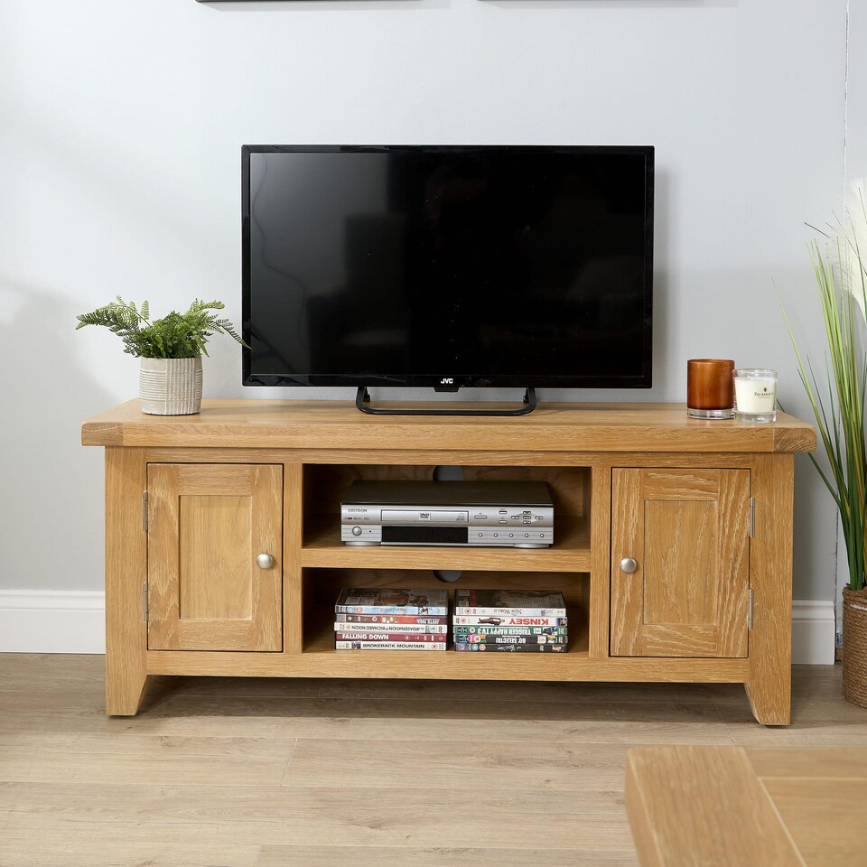 image 1 of 2 Doors 2 Shelves TV Stand Media Entertainment Storage Cabinet Wooden | Brown | Oak