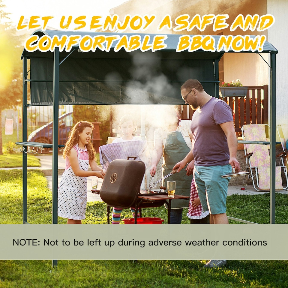 image 1 of Outsunny 7ft Outdoor Double-tier BBQ Grill Canopy Gazebo w/ 2 Shelf, 5 Hooks