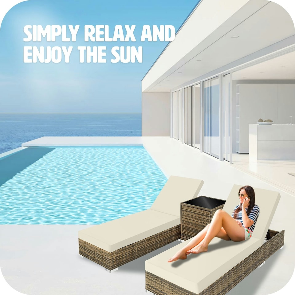 image 1 of Sun Lounger Set - 2 loungers, 1 side table, aluminium frame, adjustable backrest, rain cover Brown | Nature