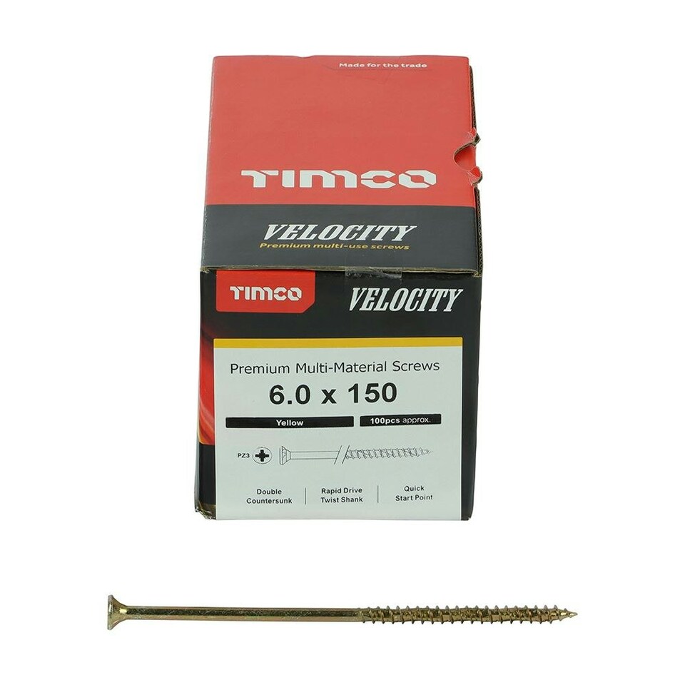 image 1 of Timco - Velocity Premium Multi-Use Screws - PZ - Double Countersunk - Yellow (Size 6.0 x 150 - 100 Pieces)