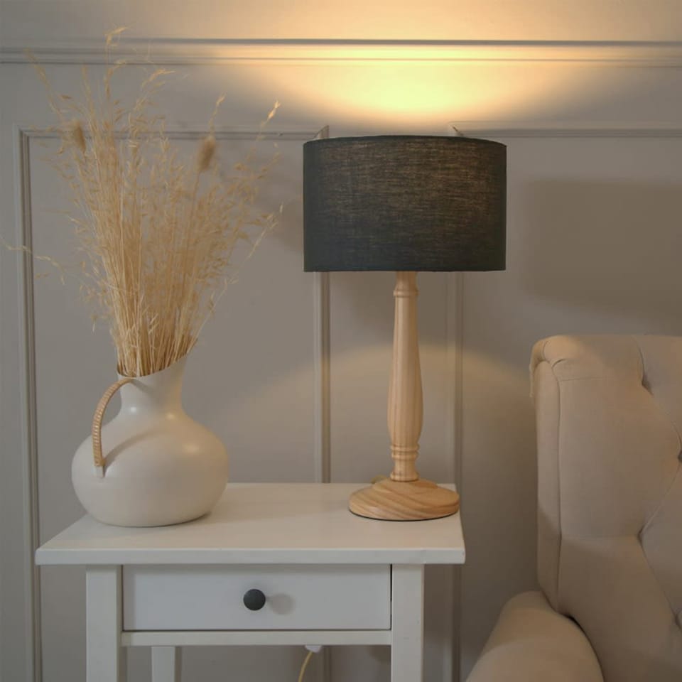 image 1 of ValueLights Victoria Light Wood Table Lamp Charcoal Shade | Brown | Charcoal