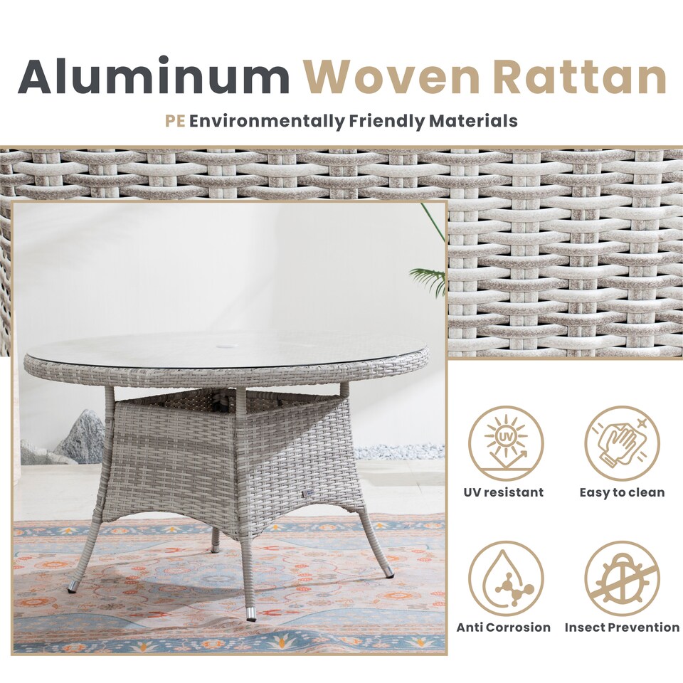 image 1 of Direct Wicker Outdoor 4‑Person Rattan Round Dining Table, Aluminum Frame with Tempered Glass Top & Umbrella Hole