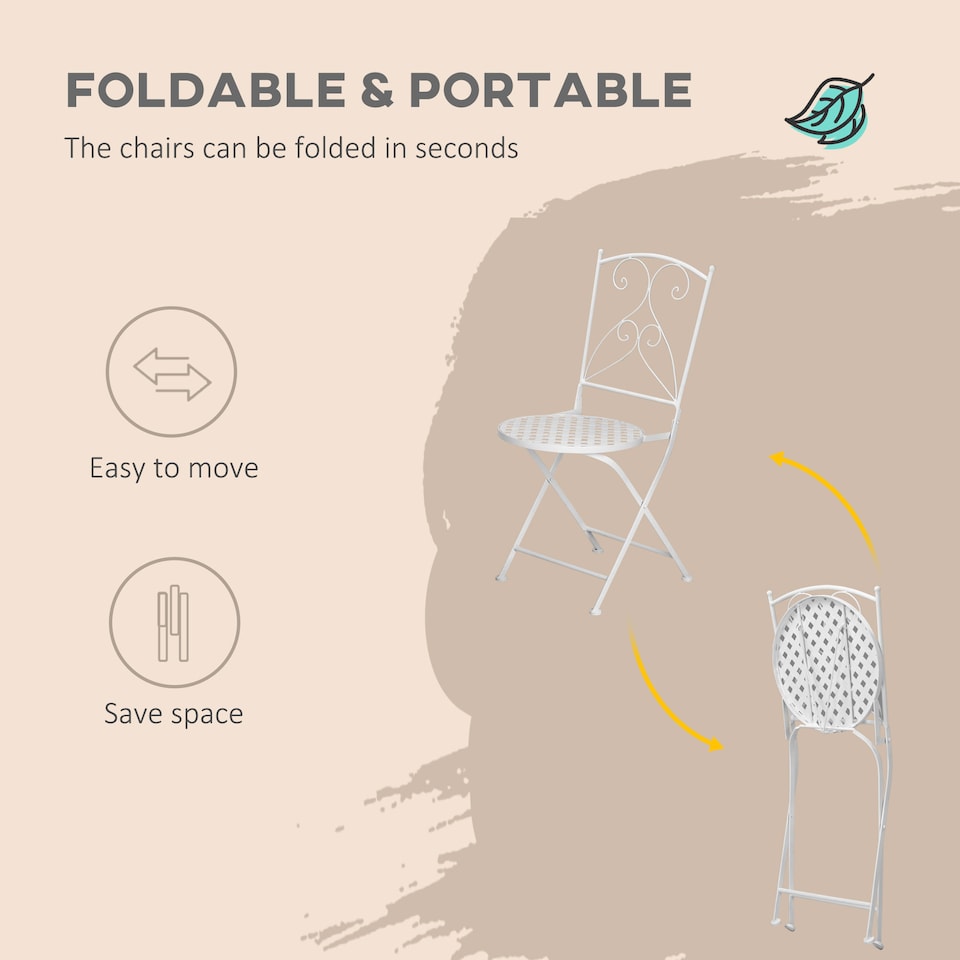 image 1 of Outsunny 3 Pieces Garden Bistro Set, Folding Outdoor Single Chairs and Mosaic Garden Table Furniture Set for Patio, Balcony, Deck, White