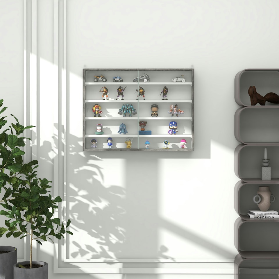 image 1 of HOMCOM 5-Tier Wall Display Shelf Unit Cabinet w/ Shelves Glass Doors Black/White