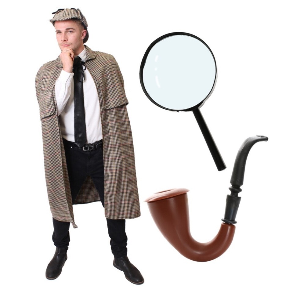 image 1 of Victorian Detective Costume with Pipe & Magnifying Glass Brown | XL