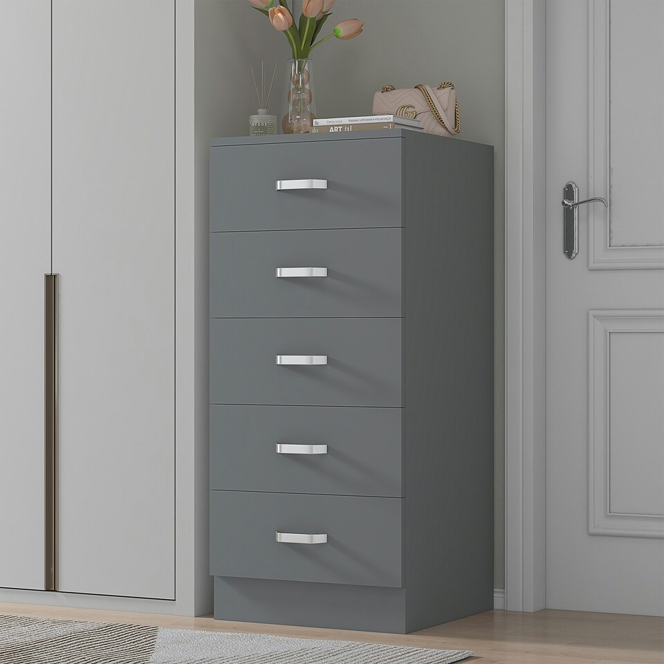 image 1 of FWStyle Tunis 5 Drawer Tallboy Slim Chest Of Drawers - Matt Grey
