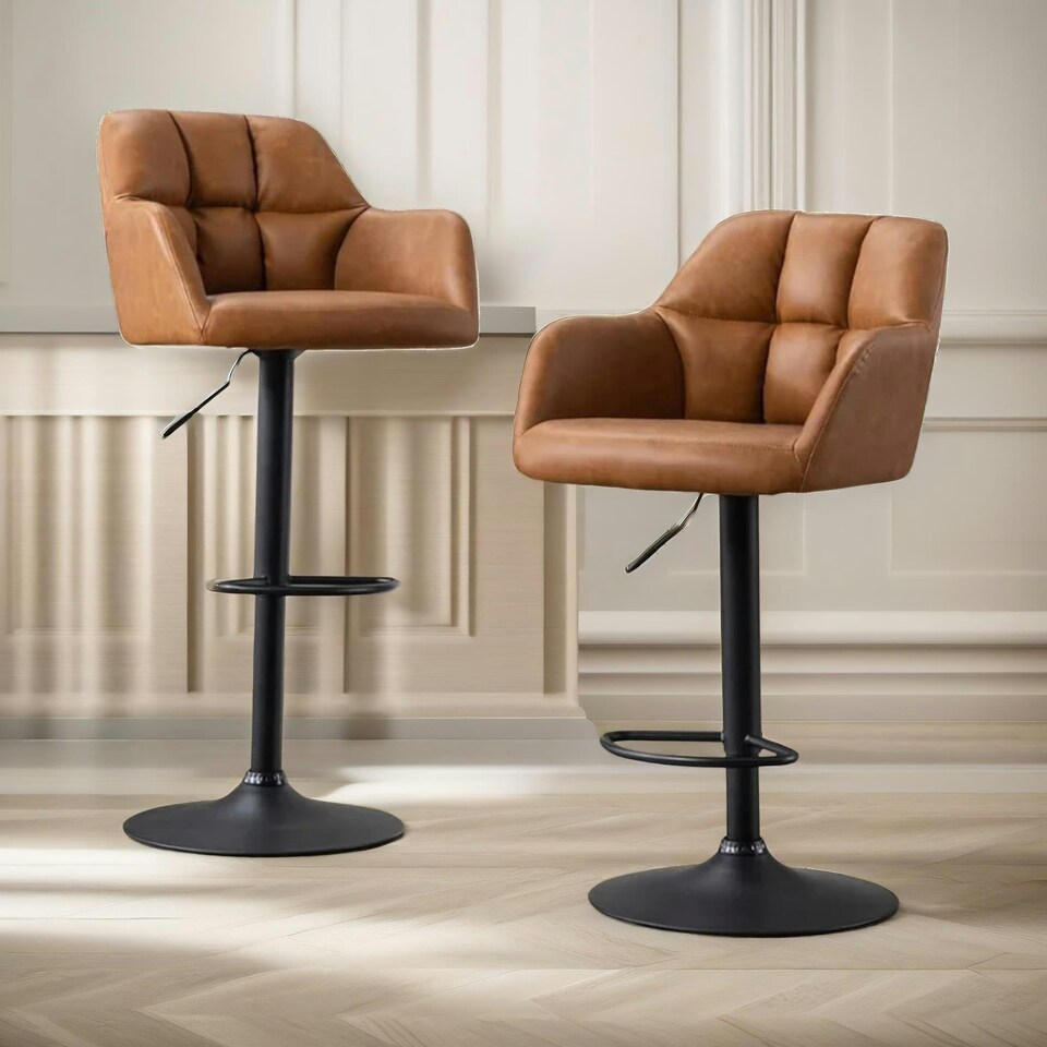 image 1 of 2PC Height Adjustable 360 PU Leather Swivel Barstools Set With Armrest Brown Brown