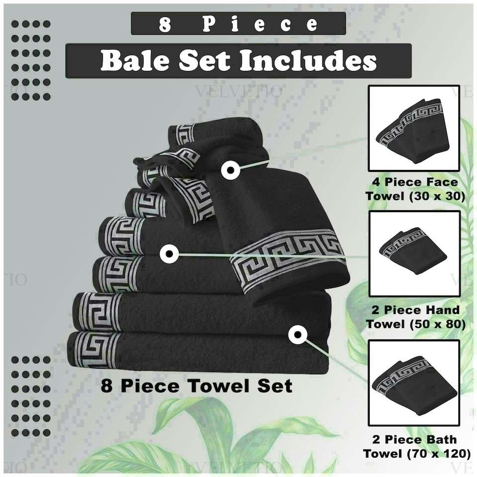 image 1 of VELVETIO 8 Piece Towel Bale Set Jacquard Greek Key Pattern - 100% Cotton, 450 GSM Grey | Charcoal