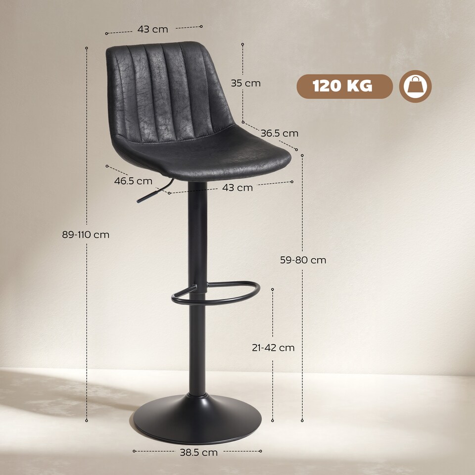 image 1 of HOMCOM Bar Stools Set of 2 Adjustable Swivel Bar Chairs with Backrest Black