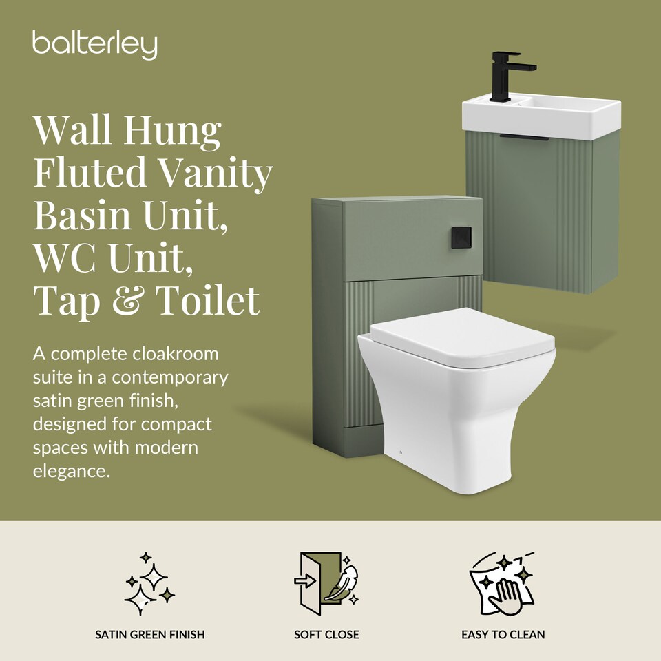 image 1 of Balterley Cloakroom Suite - Wall Hung Basin Unit, Toilet & Tap | Green | Satin Green | 438 x 400 x 222mm