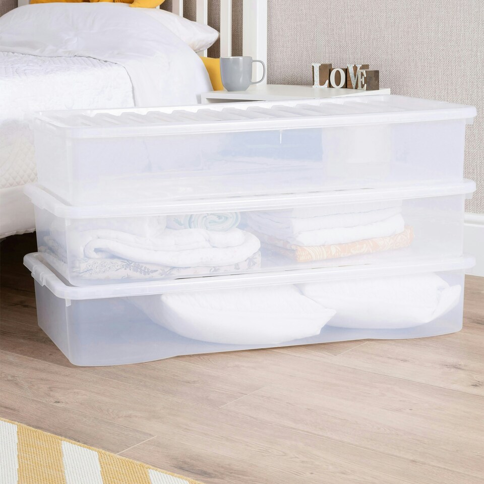 image 1 of Wham Crystal 3 x 55L Stackable Plastic Storage Boxes with Lids Clear Clear