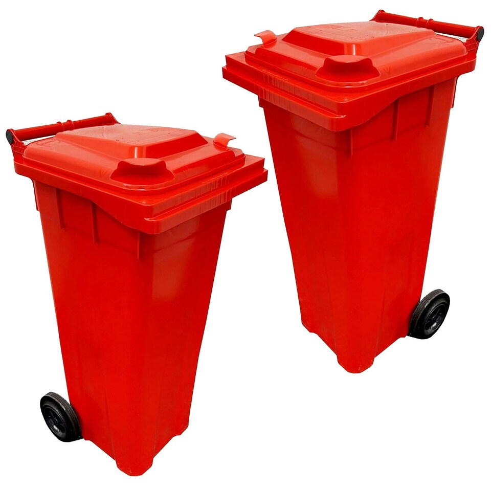 image 1 of Red 140L Compact Sized Waste Recycling Wheelie Bins With Strong Rubber Wheels & Lid Red