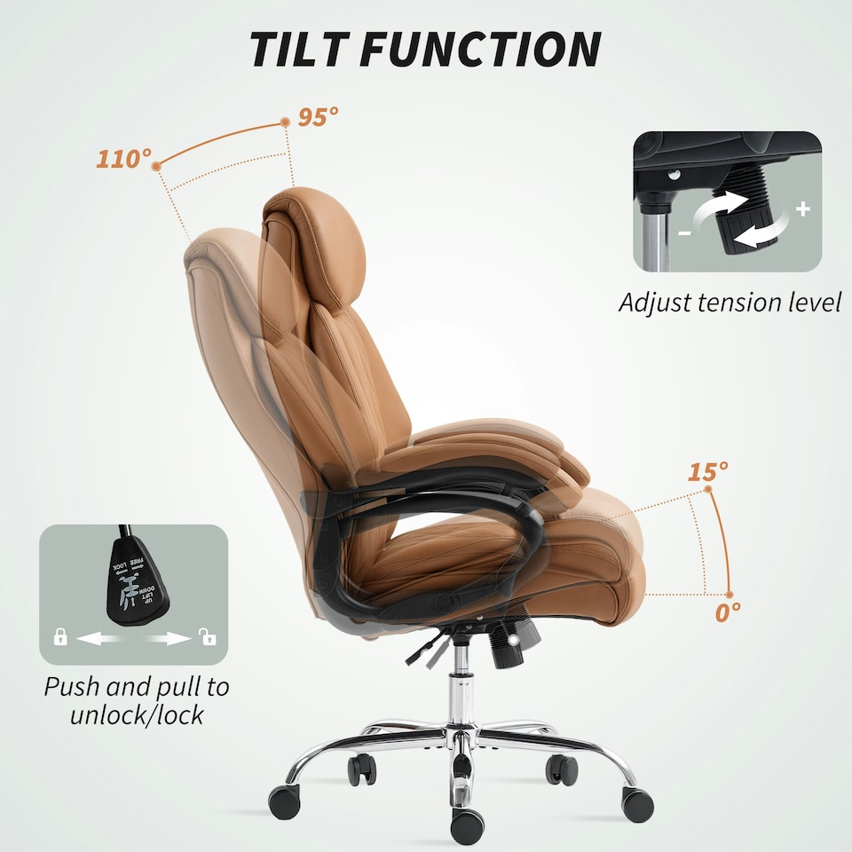 image 1 of HOMCOM PU Leather Office Chair with Spring Padding, Swivel Wheels, Brown Brown | Light Brown